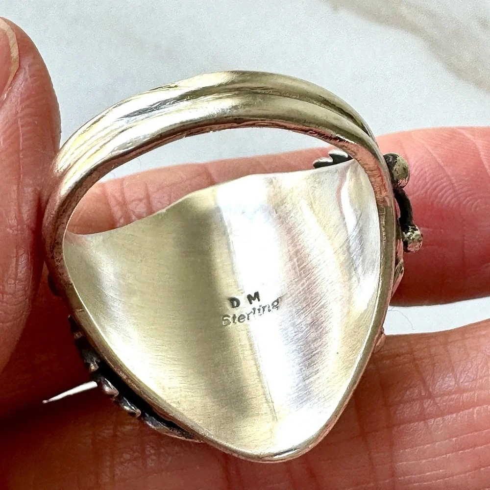 Navajo Turquoise Mens Ring Sz 14 Leaf Feather Signed Morgan Sterling Native Amer